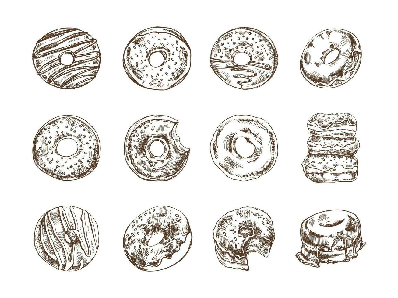 A set of hand-drawn sketches of donuts. Vintage illustration. Pastry sweets, dessert. Element for the design of labels, packaging and postcards. vector