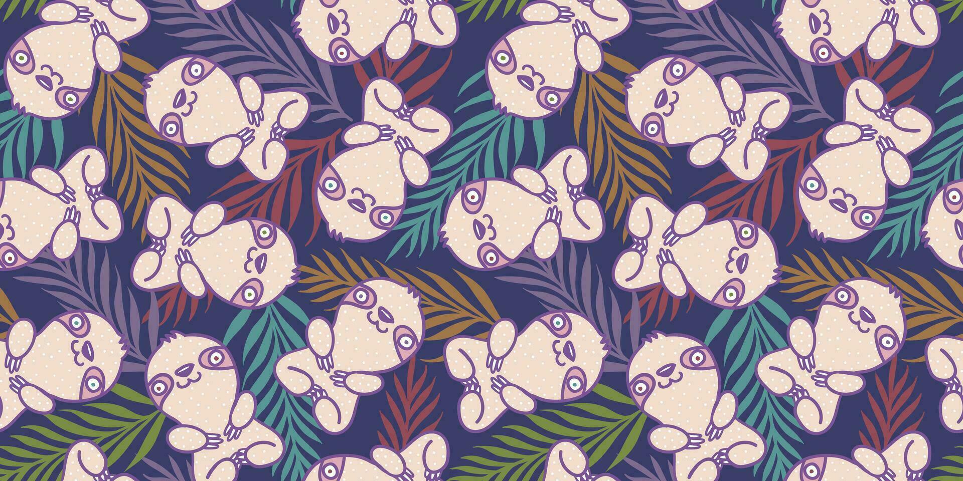 Vector tropical seamless  pattern with cute sloth and palm leaves.