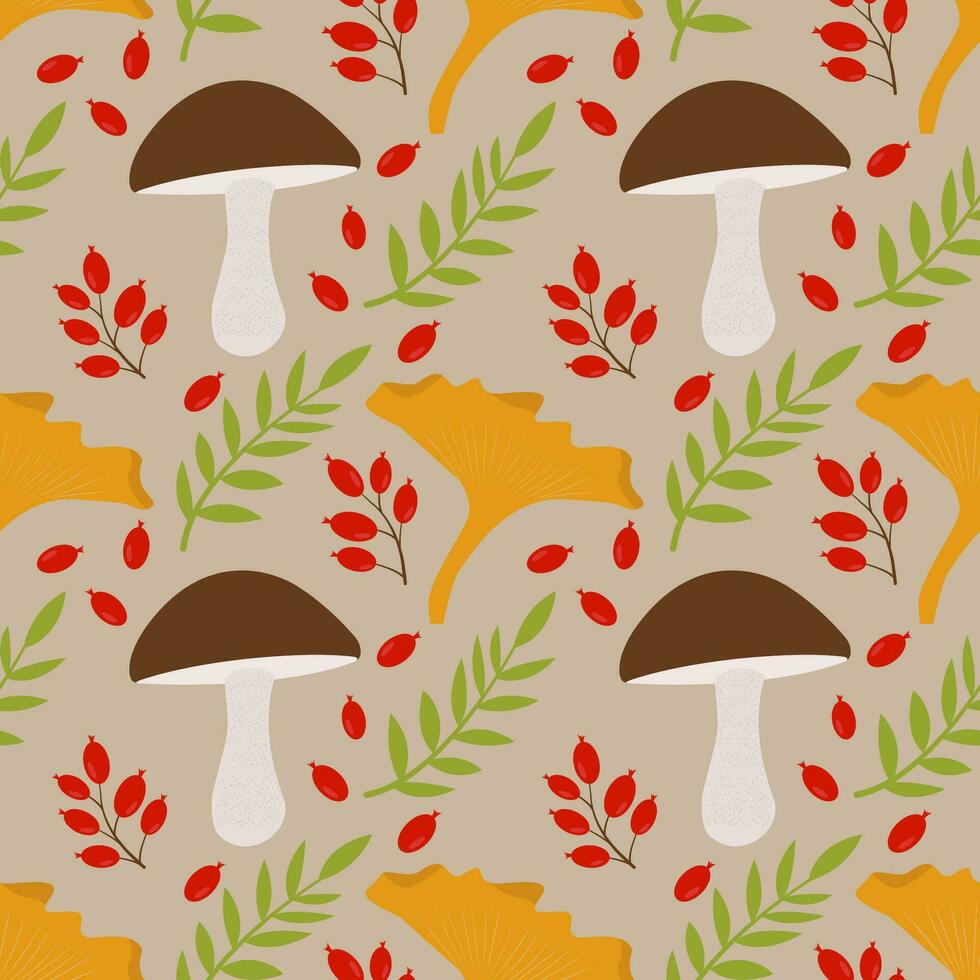 A pattern with mushrooms and autumn leaves. Seamless pattern with mushrooms, plants, berries. Background for textiles or book covers, wallpaper, design, graphics, printing, hobbies, invitations. vector