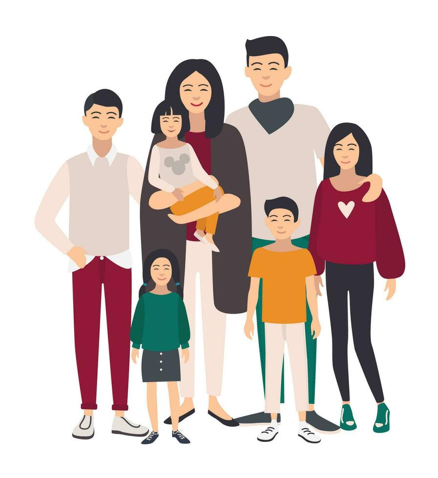 Large family portrait. Asian mother, father and five children. Happy people with relatives. Colorful flat illustration. vector