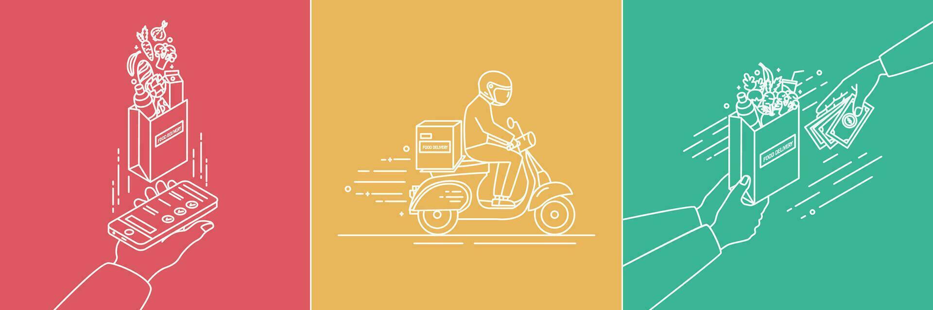 Food delivery concept. Lineart Illustration set in flat style. vector