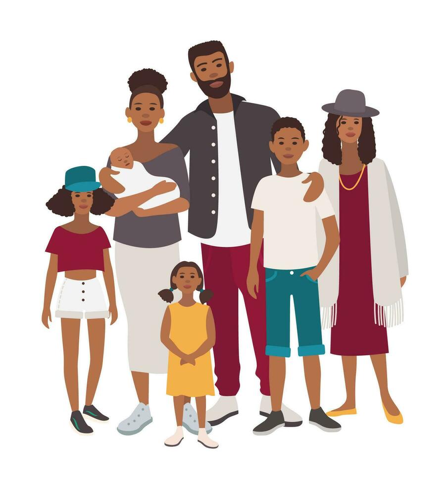 Large family portrait. African mother, father and five children. Happy people with relatives. Colorful flat illustration. vector