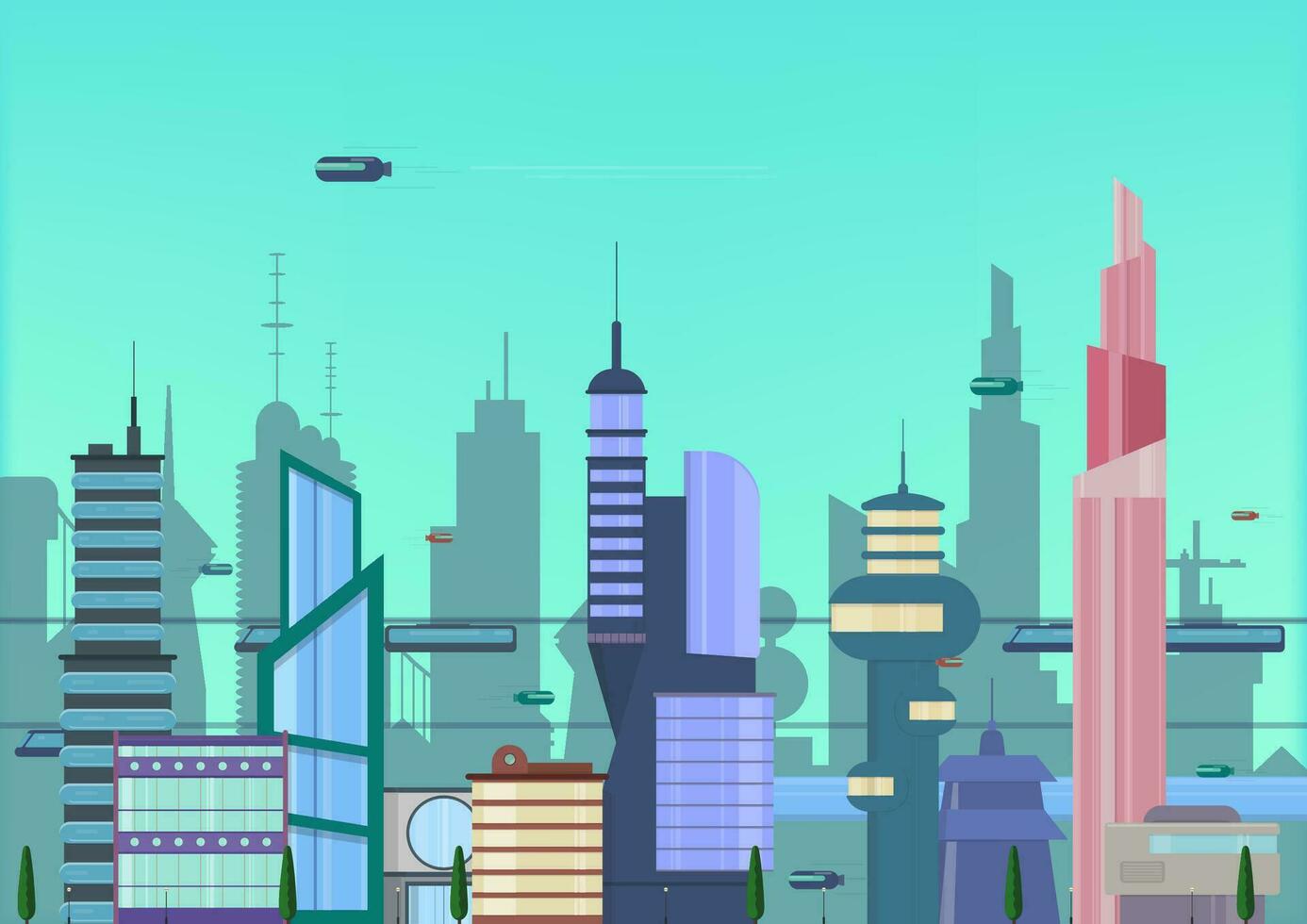 future city flat illustration. urban cityscape template with modern buildings and futuristic traffic. banner for web design. vector