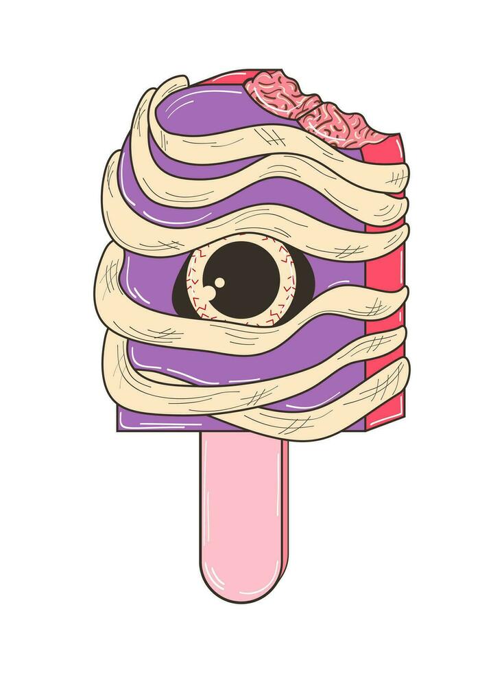 Ice cream with eye and brain filling for Halloween. Vector flat illustration in retro style. A festive Halloween snack with a psychedelic twist.