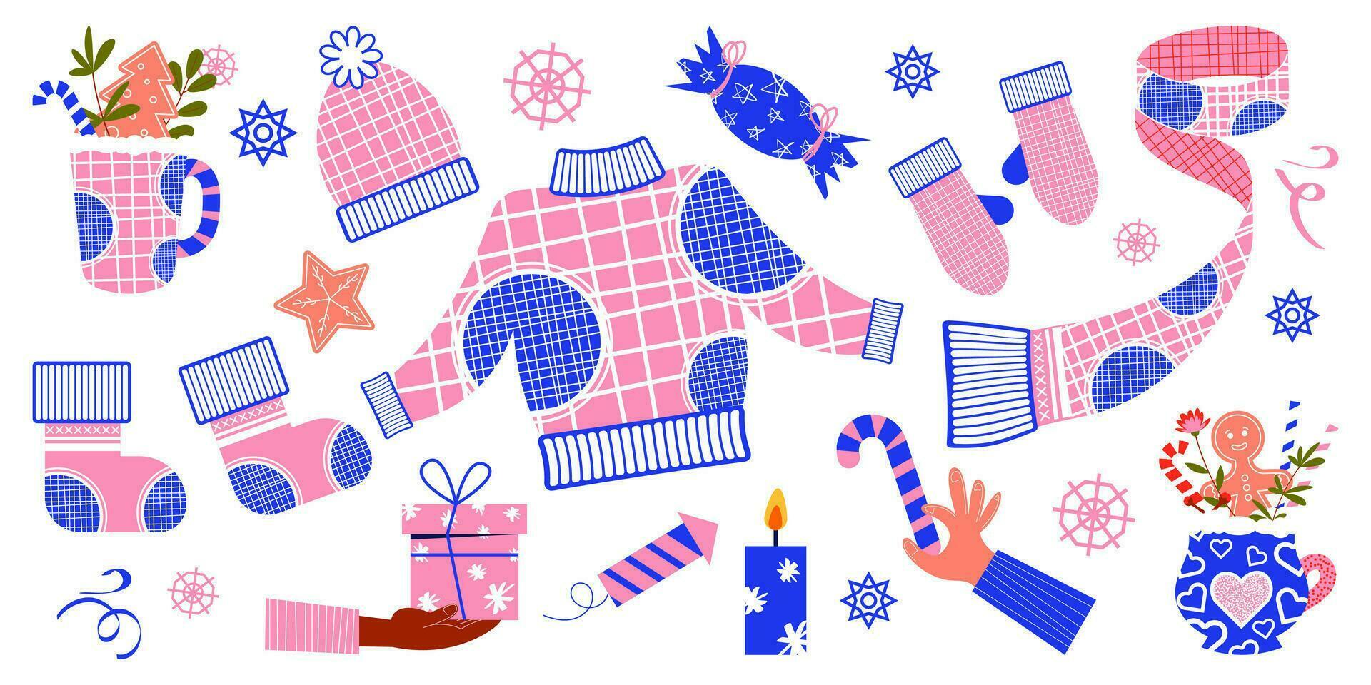 Set of winter clothes. New Year's clothing, drinks, holiday decorations and other elements. Vector illustration in flat style.