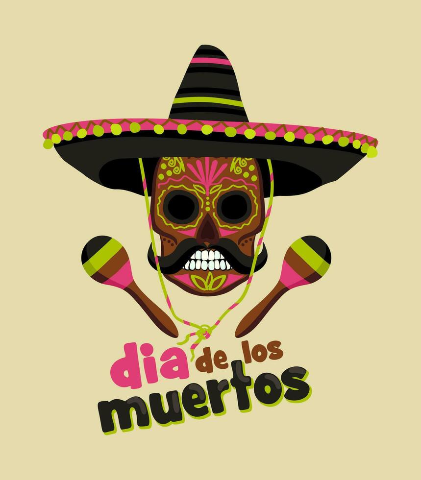 Dia de los muertos. Day of the dead. November 2. Vector isolated illustration of decorated skull in sombrero with maracas. Concept of mexican national holiday. With lettering.
