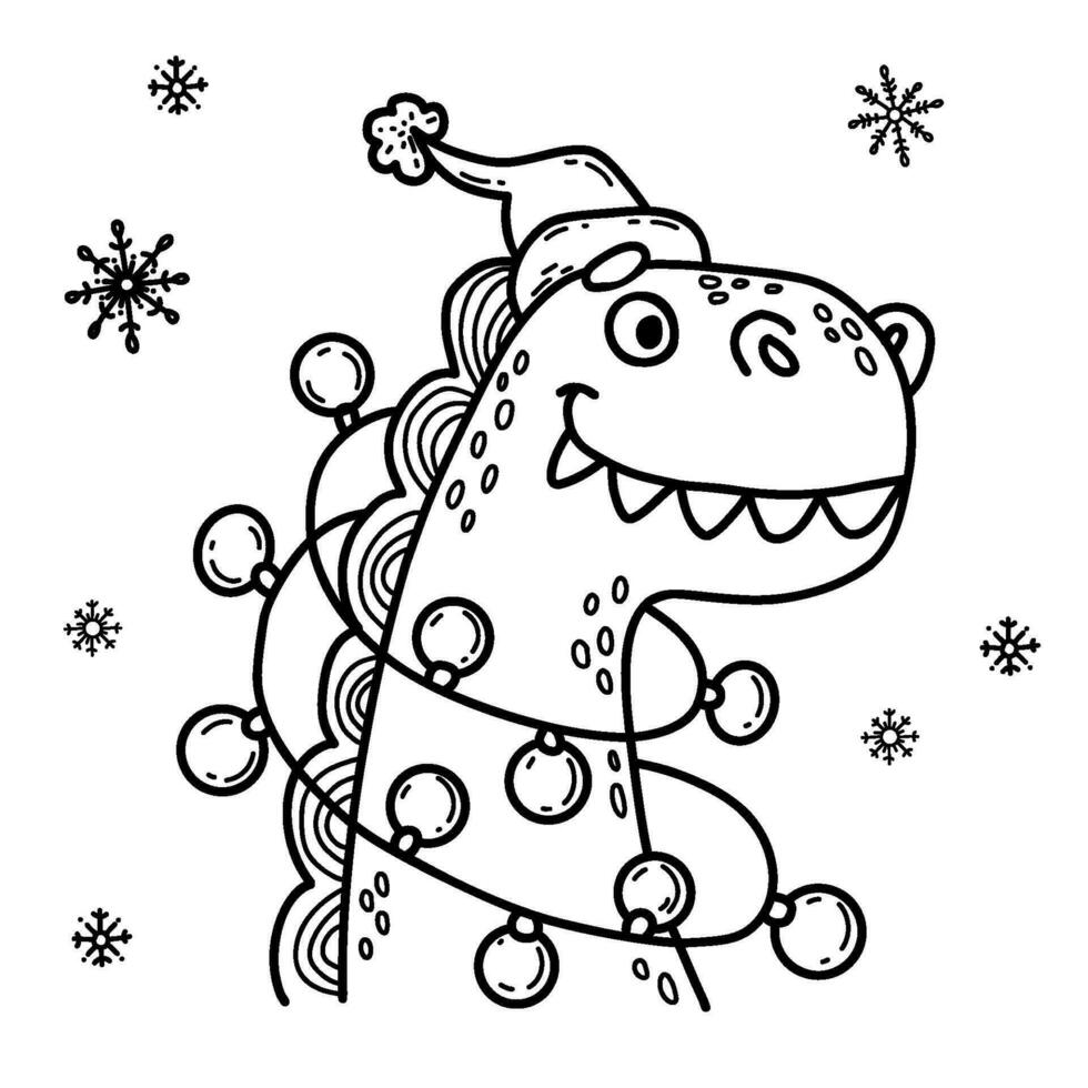 Funny winter dragon santa with Christmas garland. Vector illustration. outline hand drawing. Xmas design, holiday card, decor, coloring. 2024 year dragon according to eastern calendar.