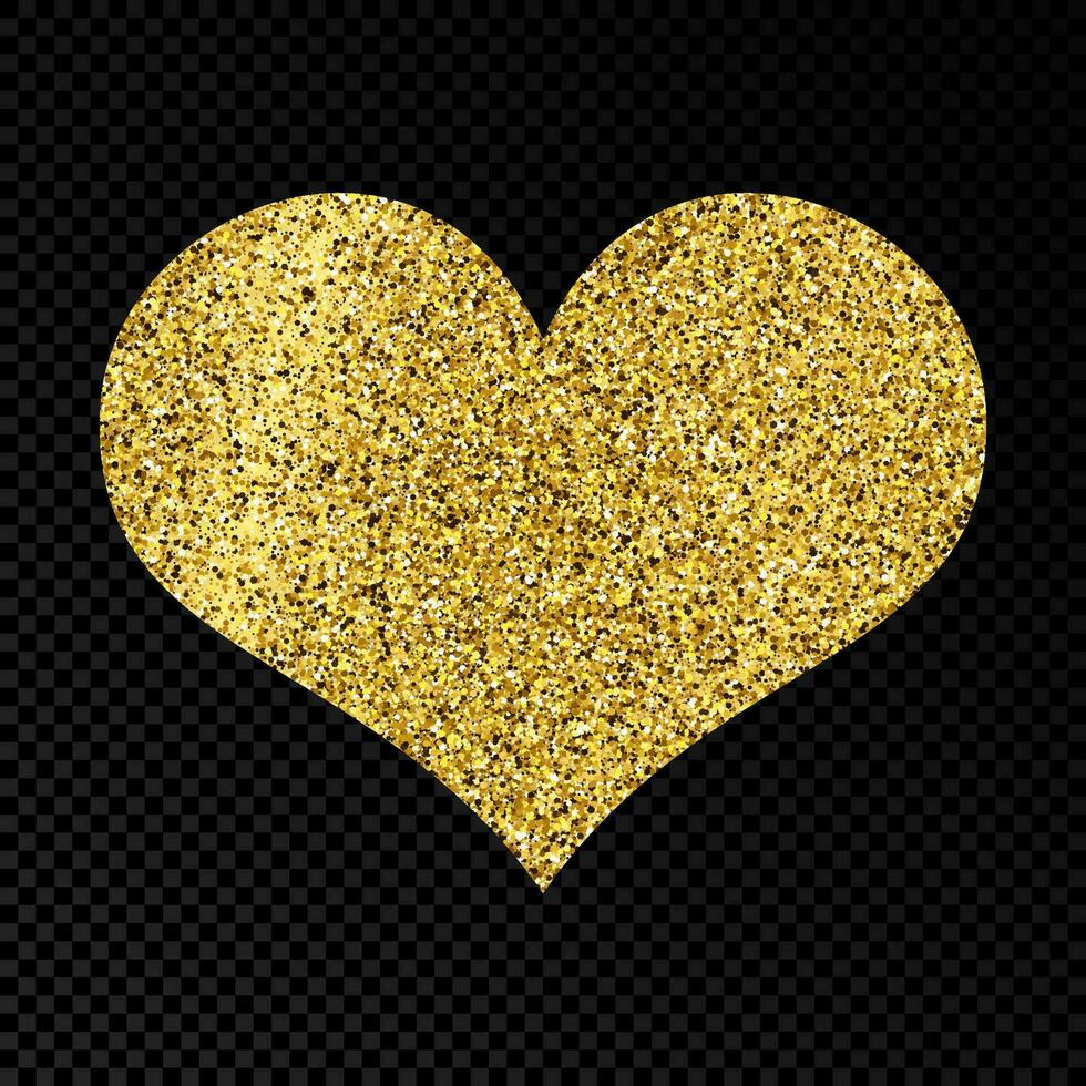 Gold glittering heart on dark background. Background with gold sparkles and glitter effect. Vector illustration