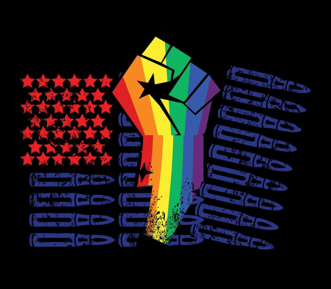 T-shirt design of a fist with the colors of the rainbow and an American flag made up of bullets and stars. Anti-war poster. Vector illustration for black history month. Gay pride.