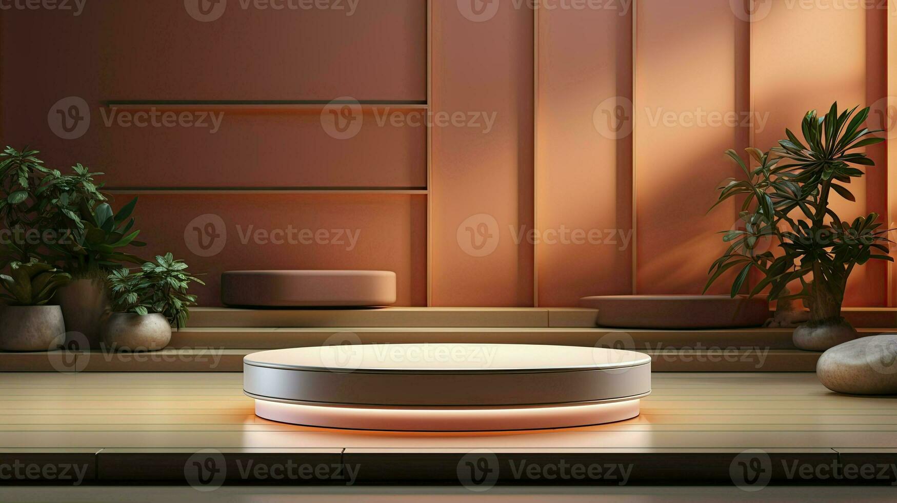 neon podium in a minimalist Scandinavian style in beige-brown colors with lighting. AI Generated photo