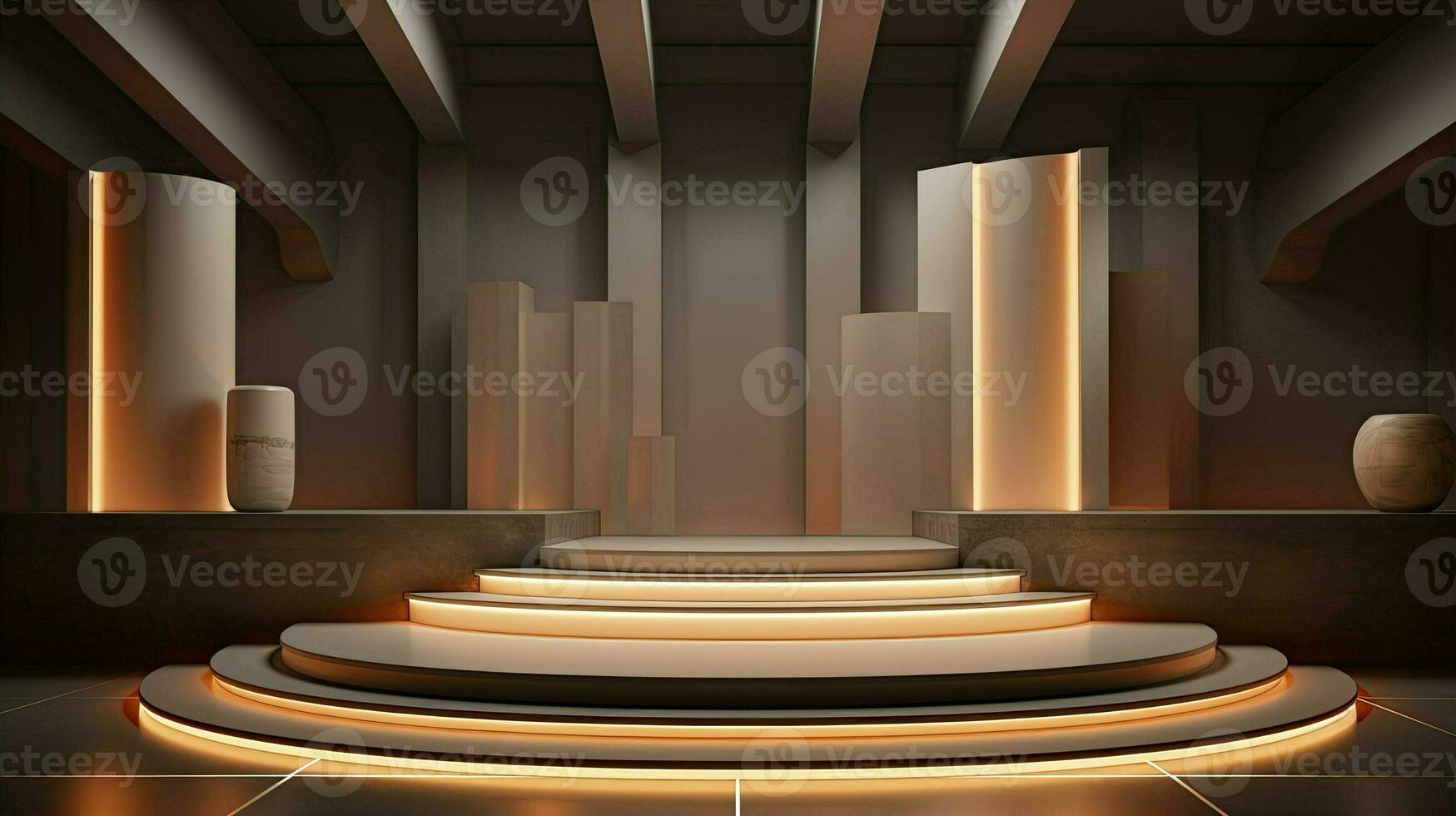 neon podium in a minimalist Scandinavian style in beige-brown colors with lighting. AI Generated photo