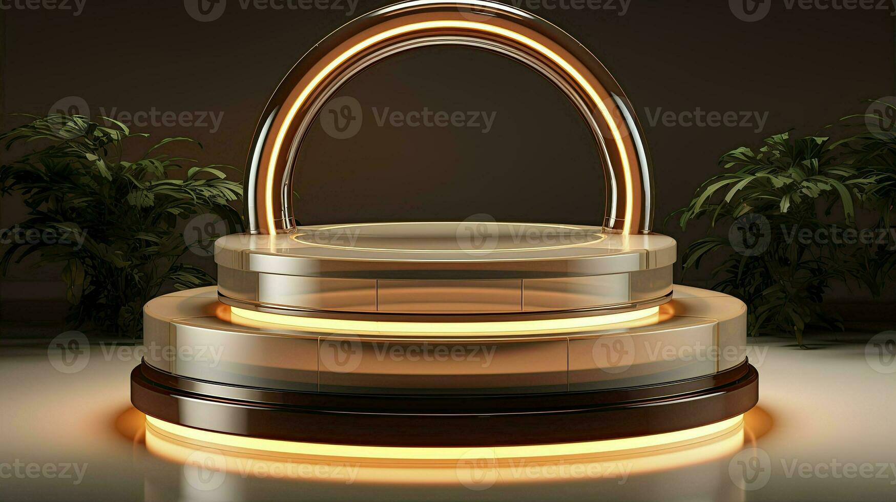 neon podium in a minimalist Scandinavian style in beige-brown colors with lighting. AI Generated photo