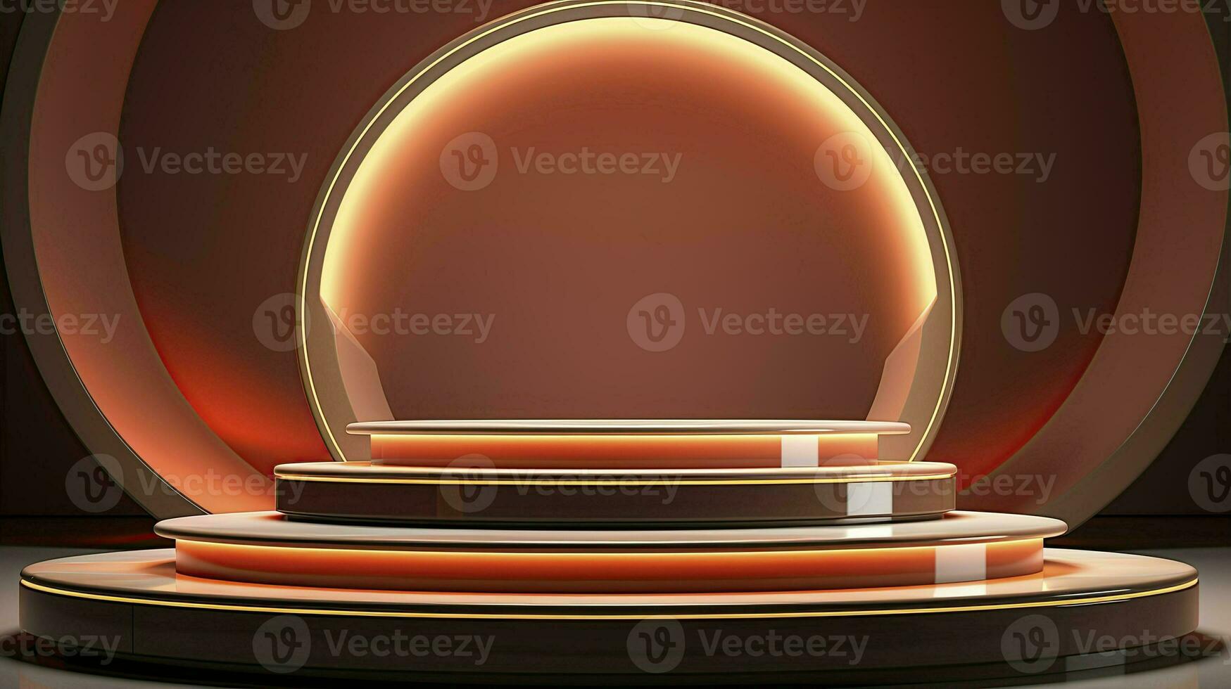 neon podium in a minimalist Scandinavian style in beige-brown colors with lighting. AI Generated photo