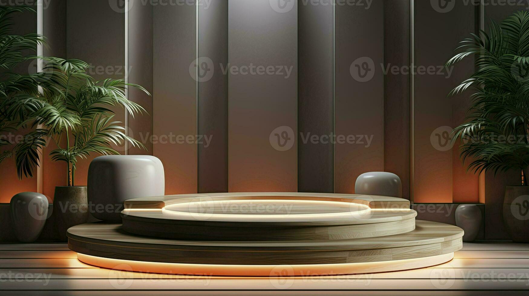 neon podium in a minimalist Scandinavian style in beige-brown colors with lighting. AI Generated photo