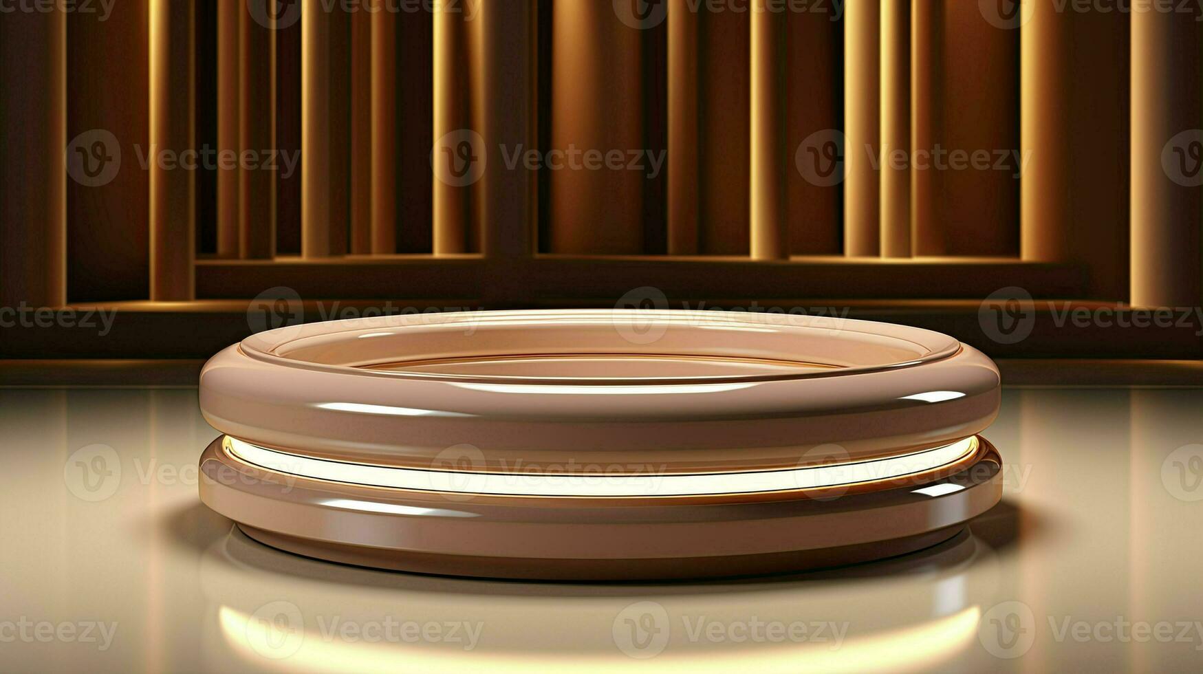 neon podium in a minimalist Scandinavian style in beige-brown colors with lighting. AI Generated photo