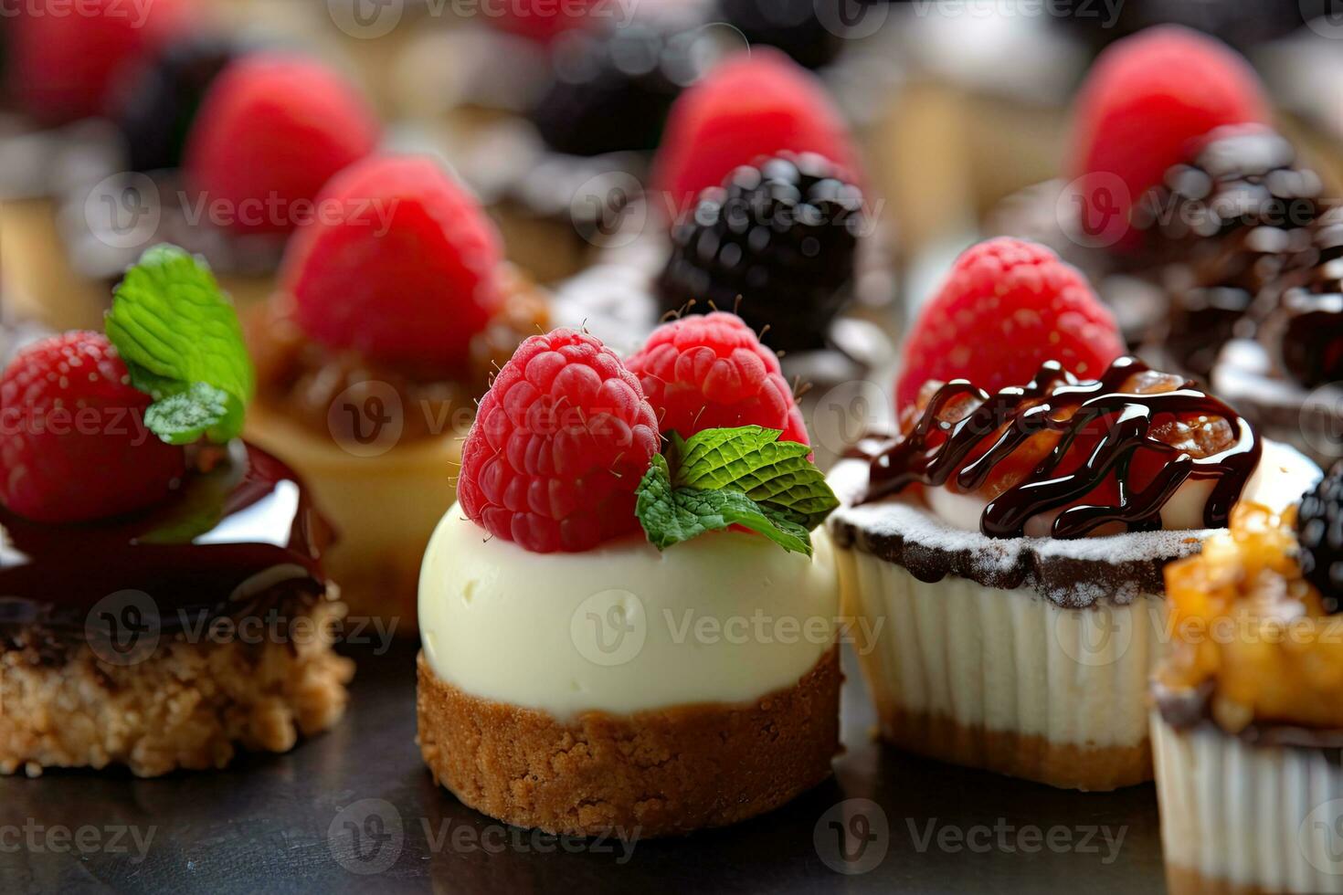 Desserts including chocolate, raspberries, Generative AI photo