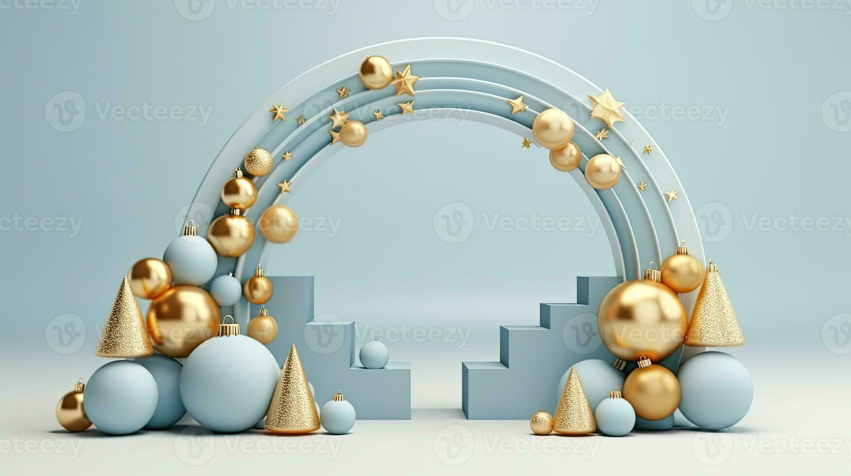 Enchanting 3D Render of Blue Podium Featuring Striking Gold Arch Christmas, AI Generated photo
