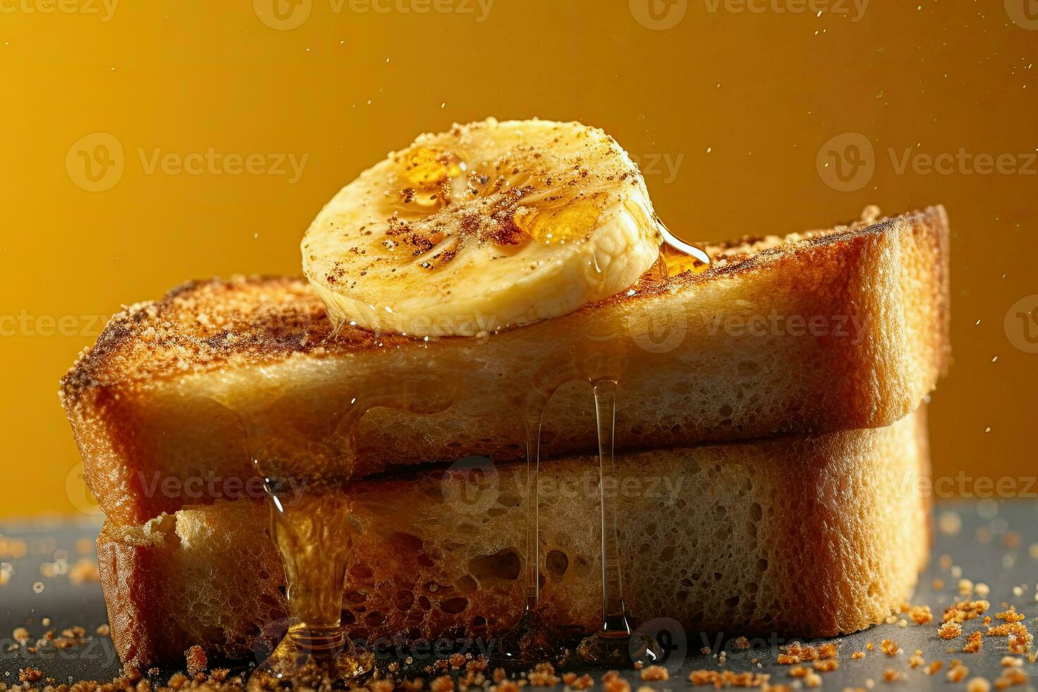 Banana toast, macro shot of a fresh breakfast with Dripping Honey, AI Generated photo