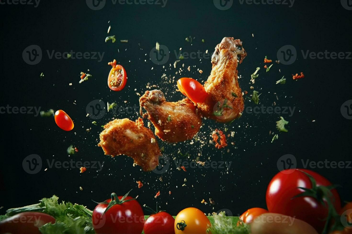 Flying elements of fried chicken with tomatoes and parsley, Generative AI photo