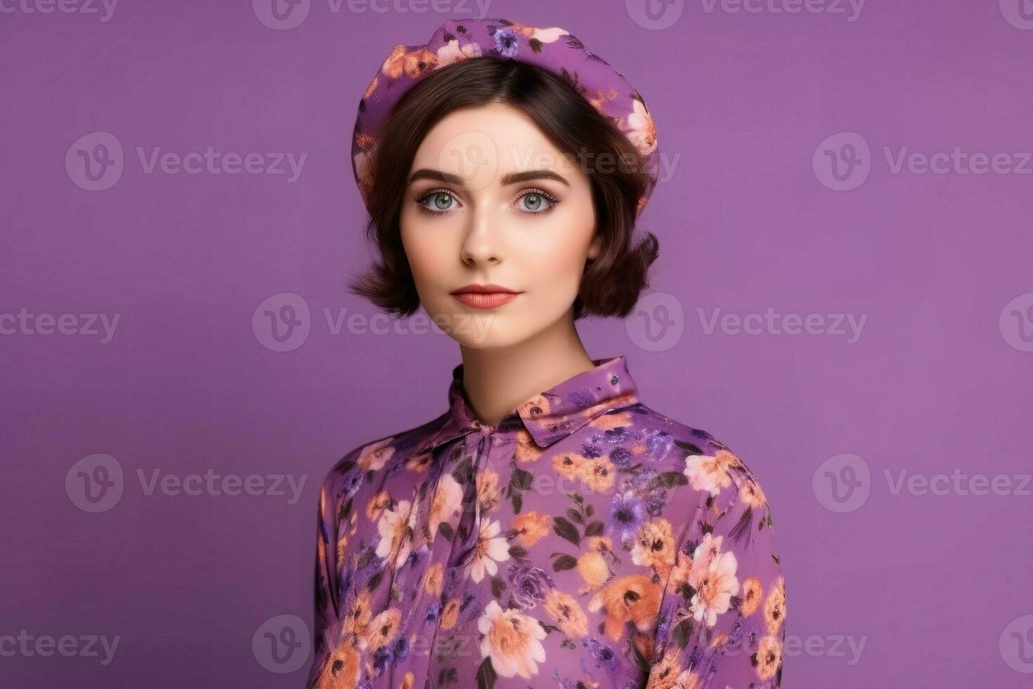 Woman purple flower dress. Generate Ai photo