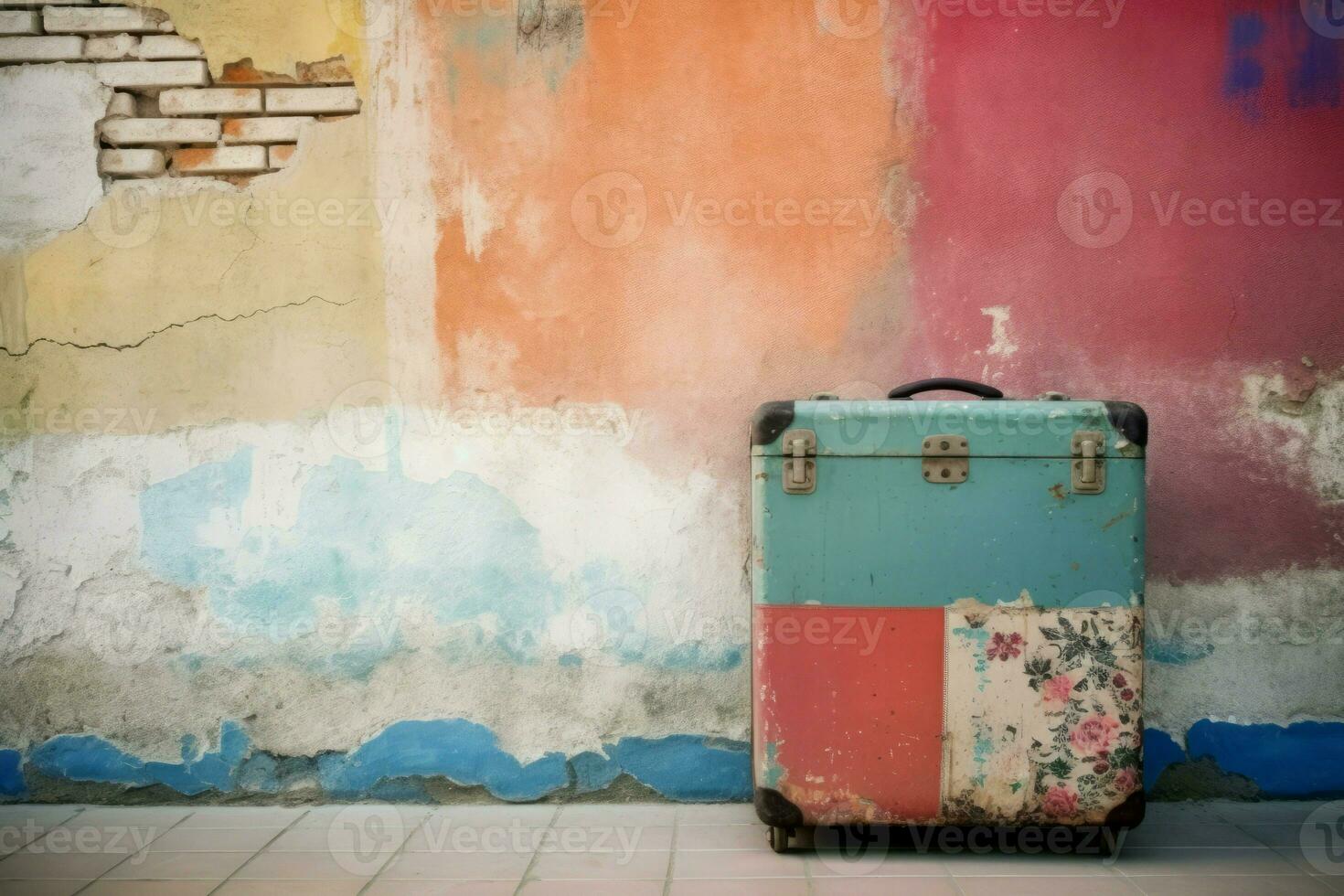 Suitcase old on colorful wall. Generate Ai photo