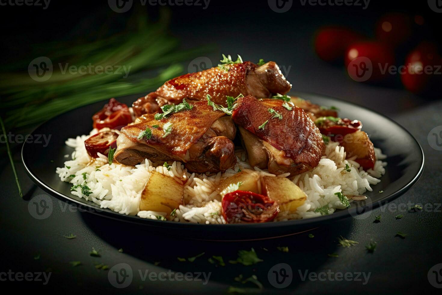 Chicken Biryani with rice and herbs parsley Generative AI photo