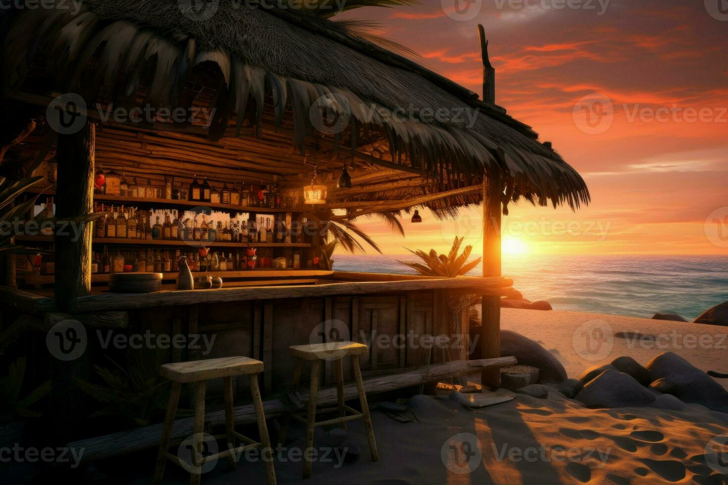 Tranquil Beach bar sunset outdoor. Generate Ai photo