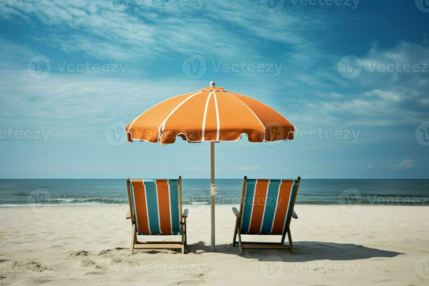 Comfortable Beach chairs umbrella. Generate Ai photo