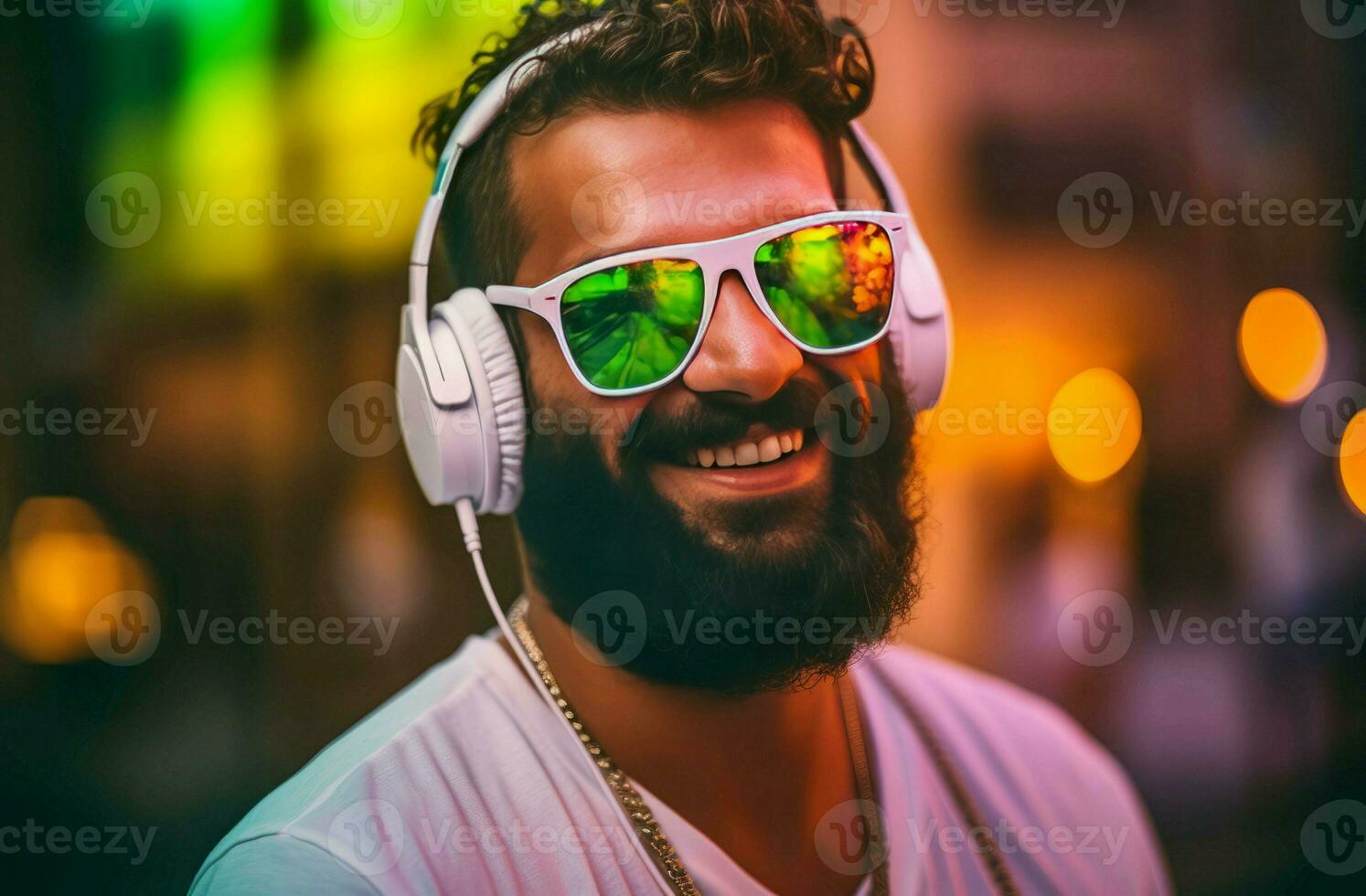 Bearded smiling man sunglasses. Generate Ai photo