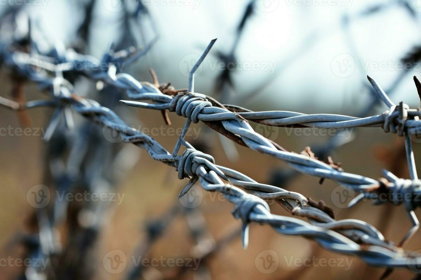 Weathered Barbed wire field closeup. Generate Ai photo