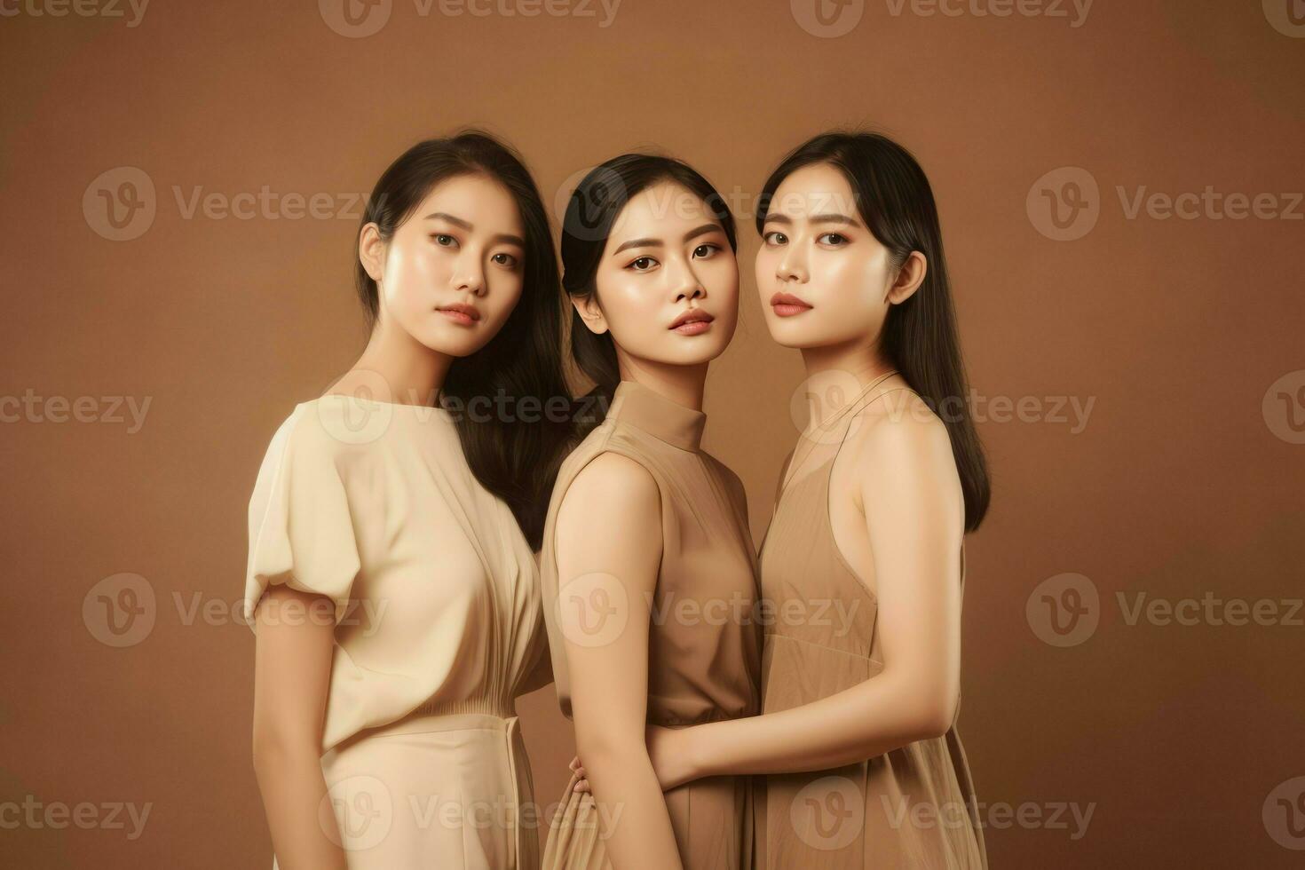 Tres asiático mujer juntos. generar ai foto