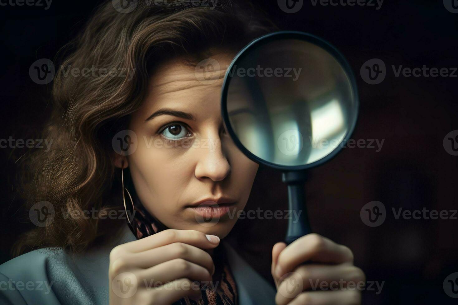 Woman magnifying spy glass. Generate Ai photo