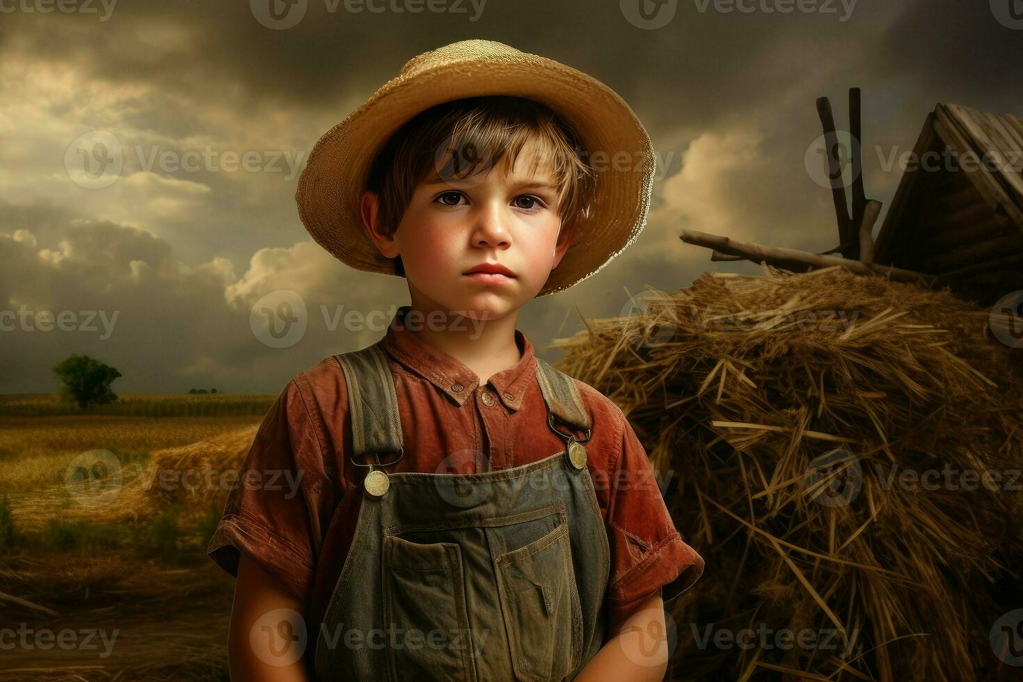 Productive American farmer boy at field. Generate Ai photo