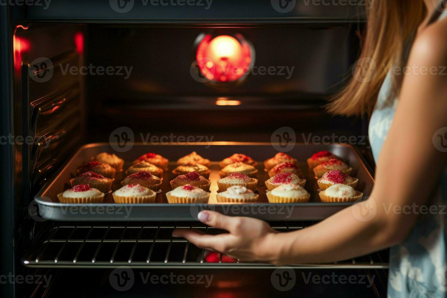 mujer horneando magdalena horno. generar ai foto