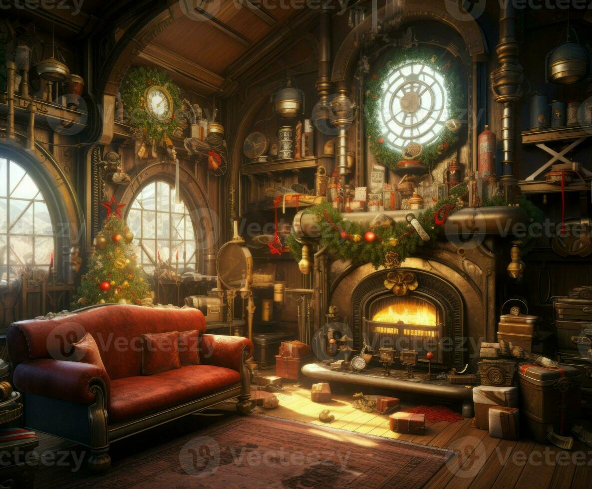 Steampunk Navidad habitación interior bandera. generar ai foto