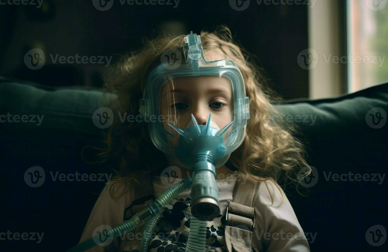 Kid girl wearing nebulizer. Generate Ai photo