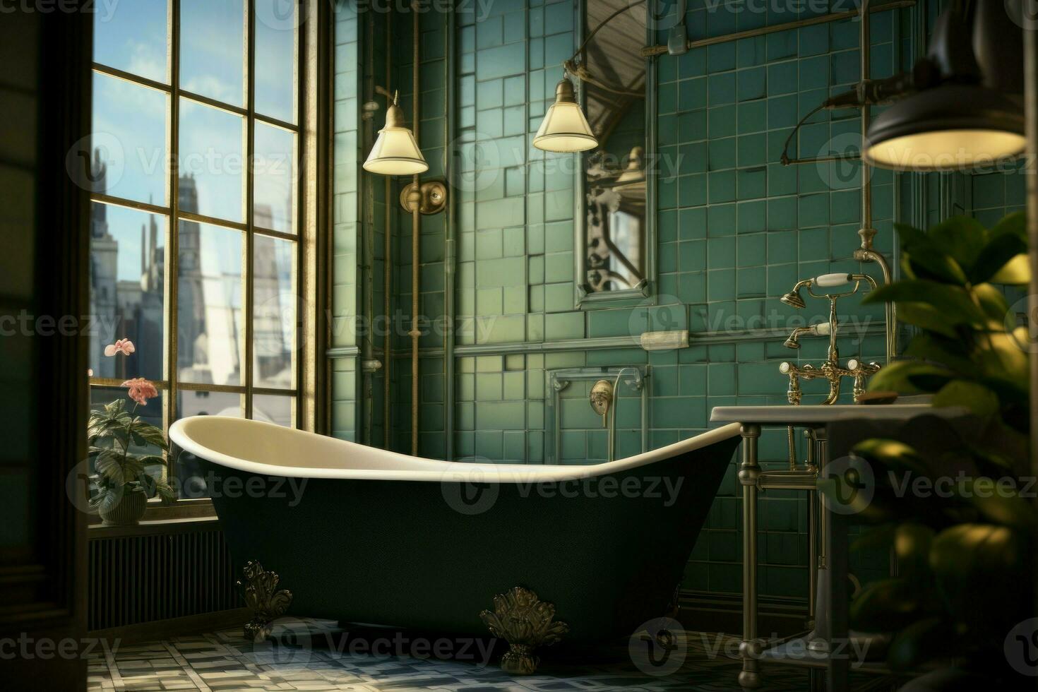 Luxurious Modern bathroom morning. Generate Ai photo