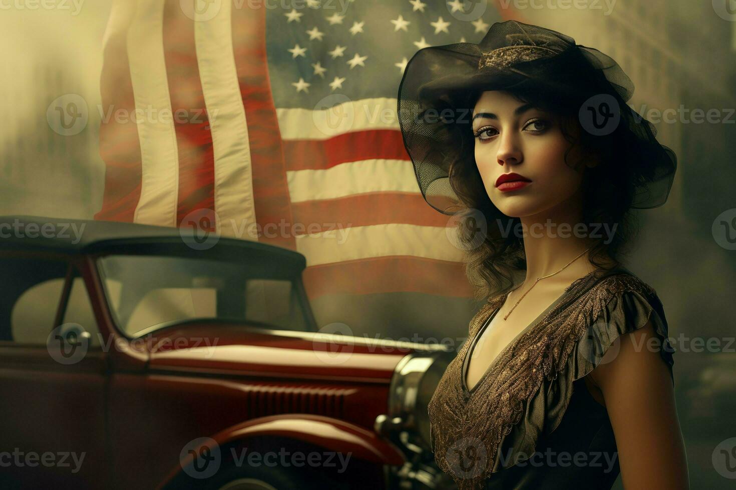 Captivated American woman look at city. Generate Ai photo