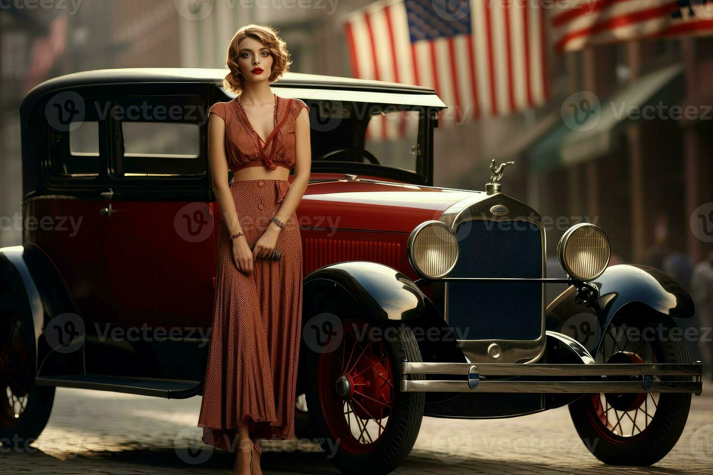 Elegant American woman vintage car 1920 year. Generate Ai photo