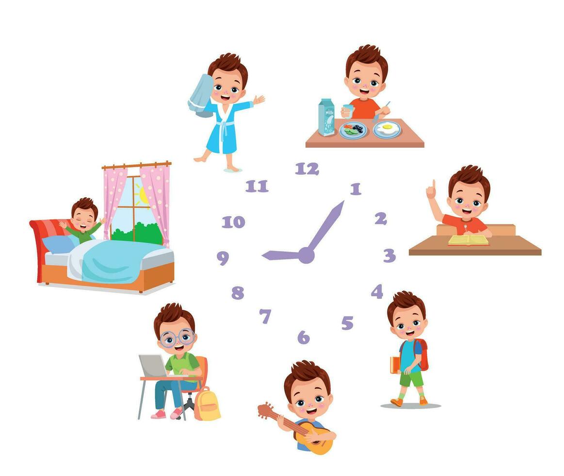 Cartoon kid daily routine activities set vector