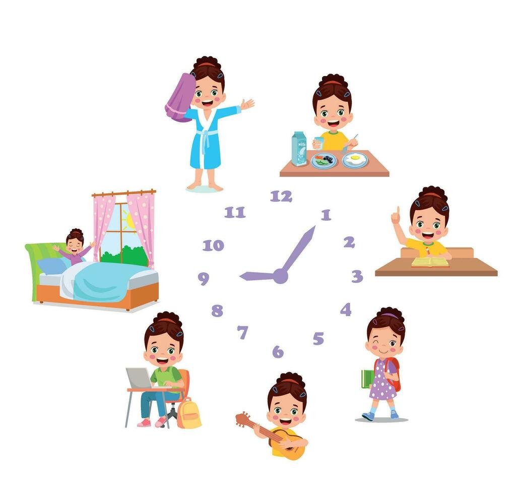 Cartoon kid daily routine activities set vector