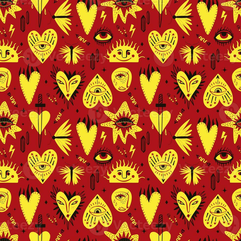 Red bright magic pattern with bizarre mystical spooky symbols. photo