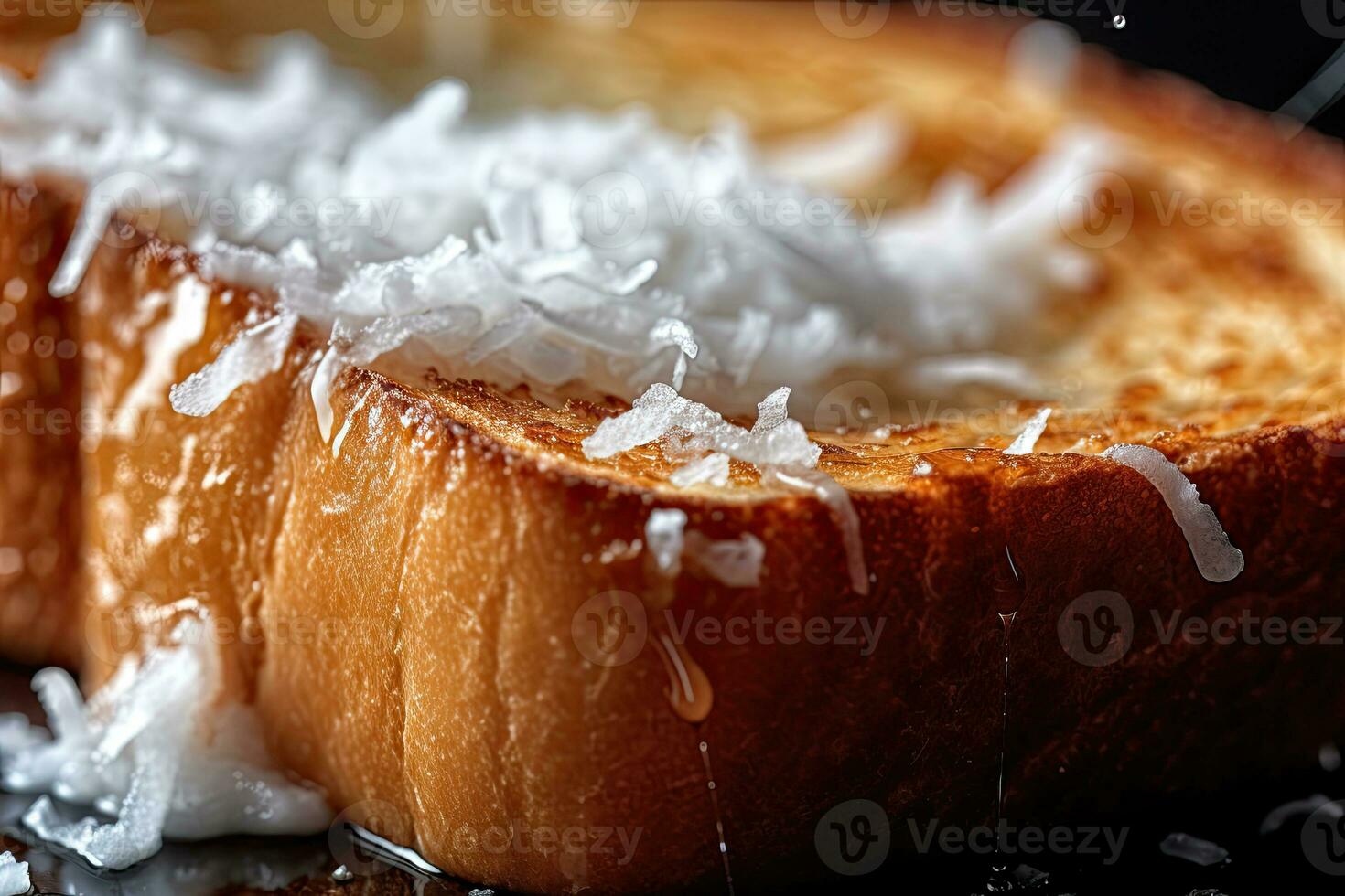 Coco tostada, macro Disparo de un Fresco desayuno con goteo Miel, ai generado foto