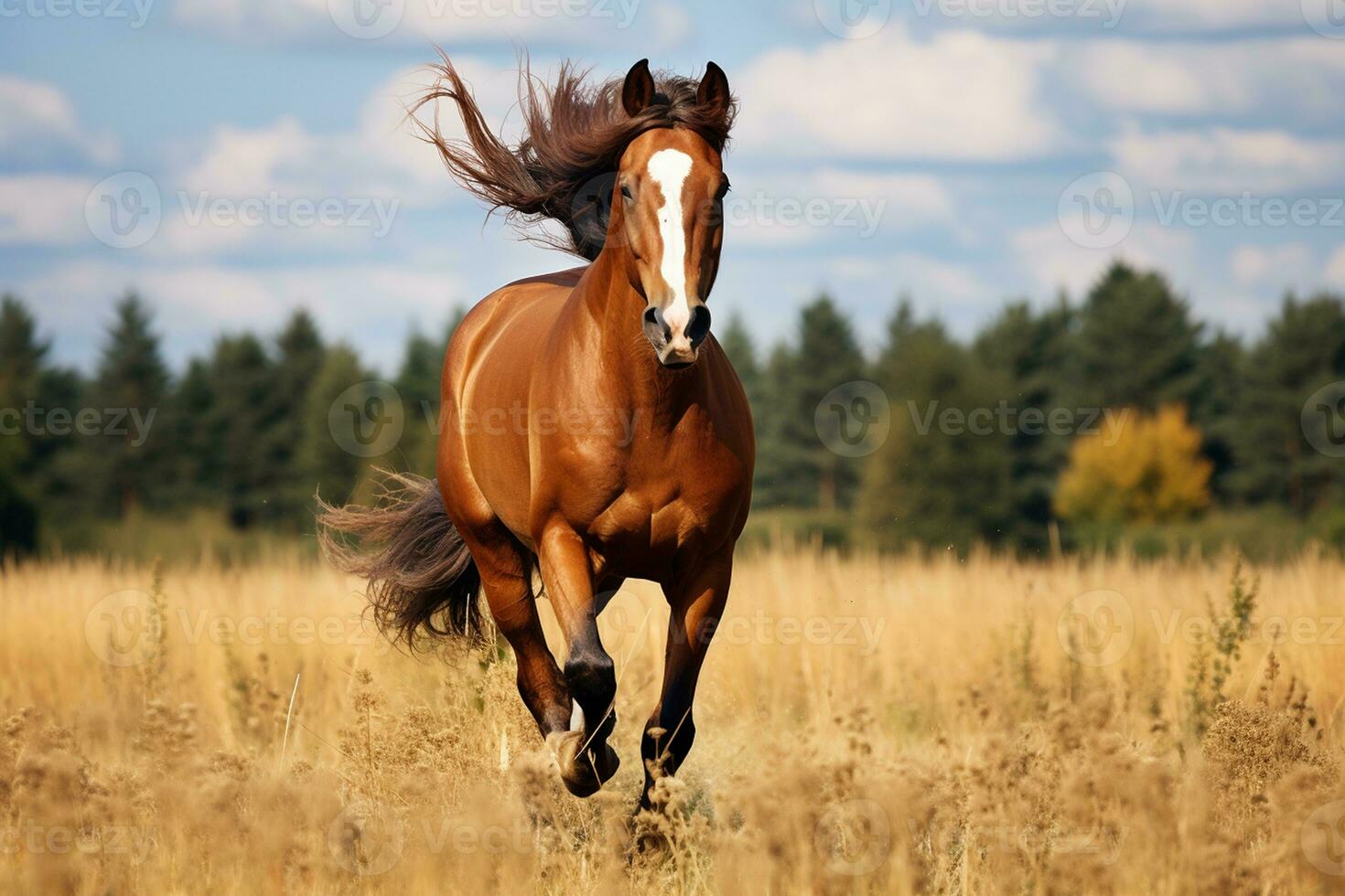 Majestic Front View of Running Brown Horse. Generated By Ai