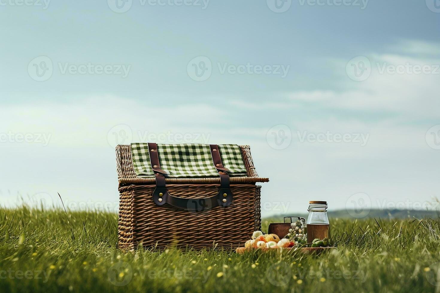 fin de semana familia picnic cesta en un verde campo, generativo ai foto