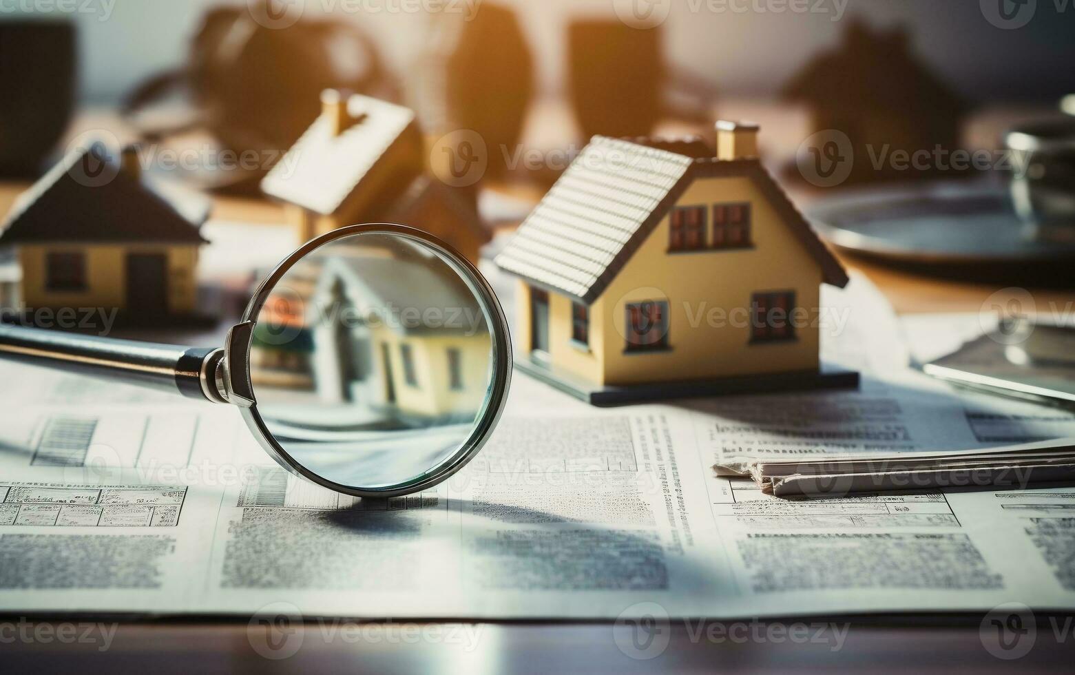 Small Home with Magnifying Lens in the Forefront. Generative AI photo