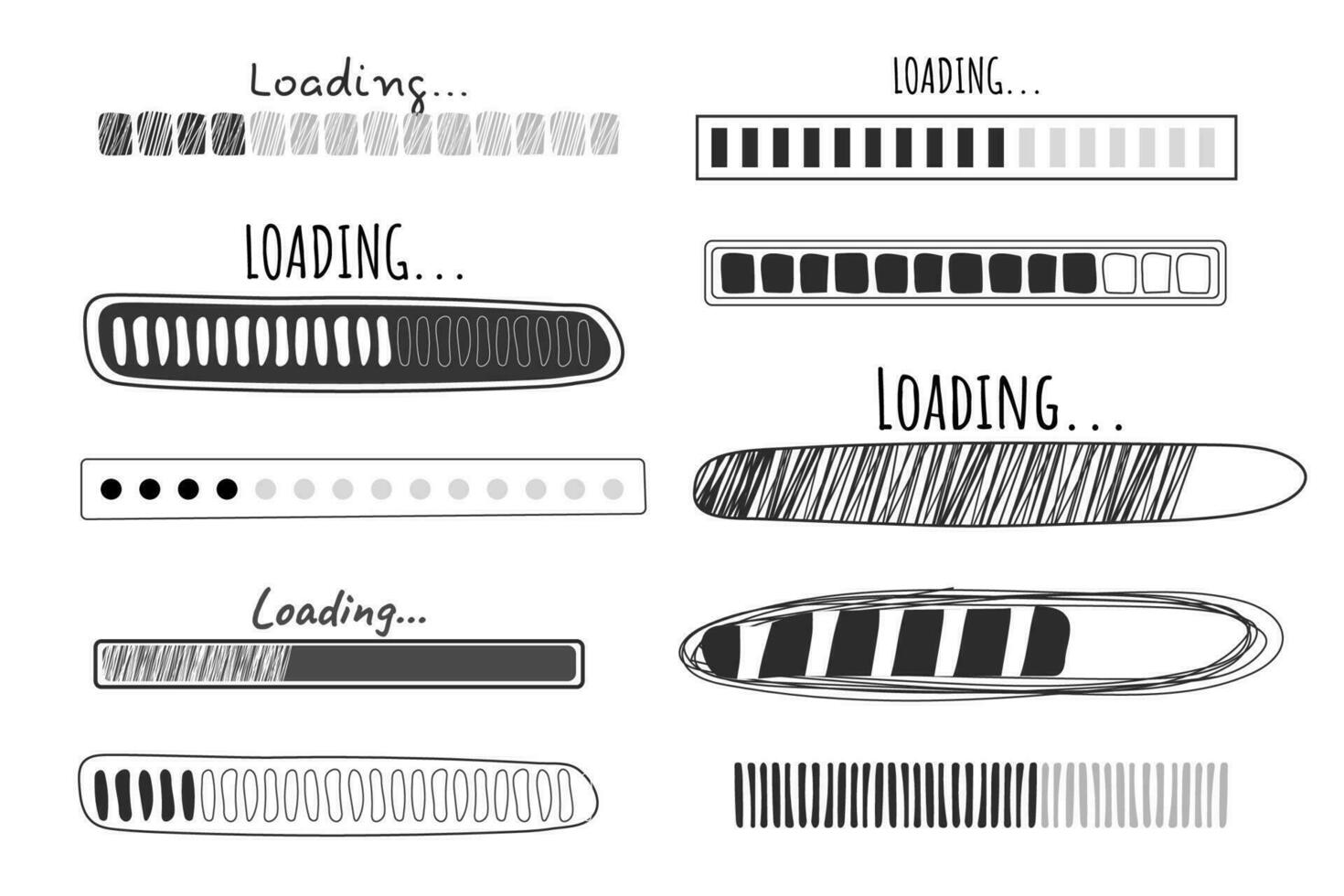 Set Loading bar, progress in doodle style isolated on white background. Indicator, line hand drawn sketch. Vector illustration