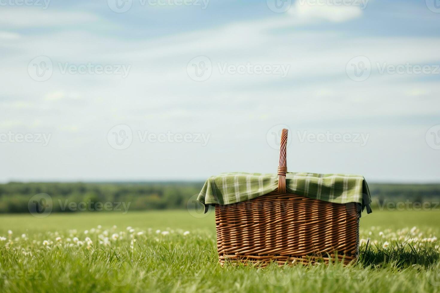 Weekend Family Picnic Basket in a Green Field, Generative Ai photo