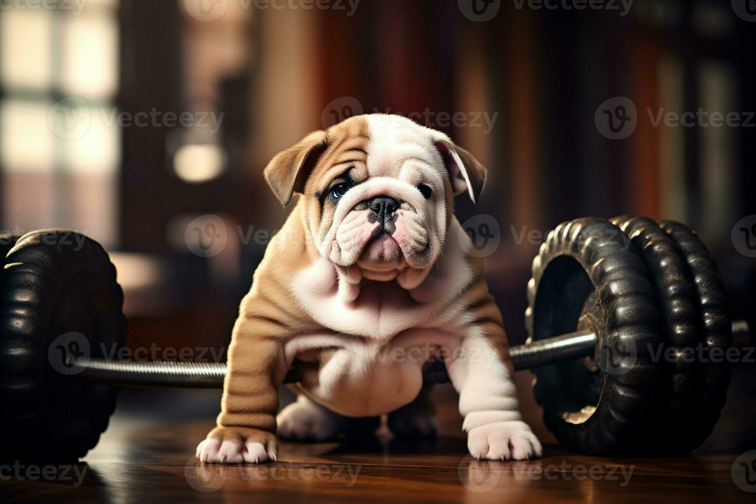 Adorable Fat Bulldog and a Barbell Adventure. Generative By Ai photo