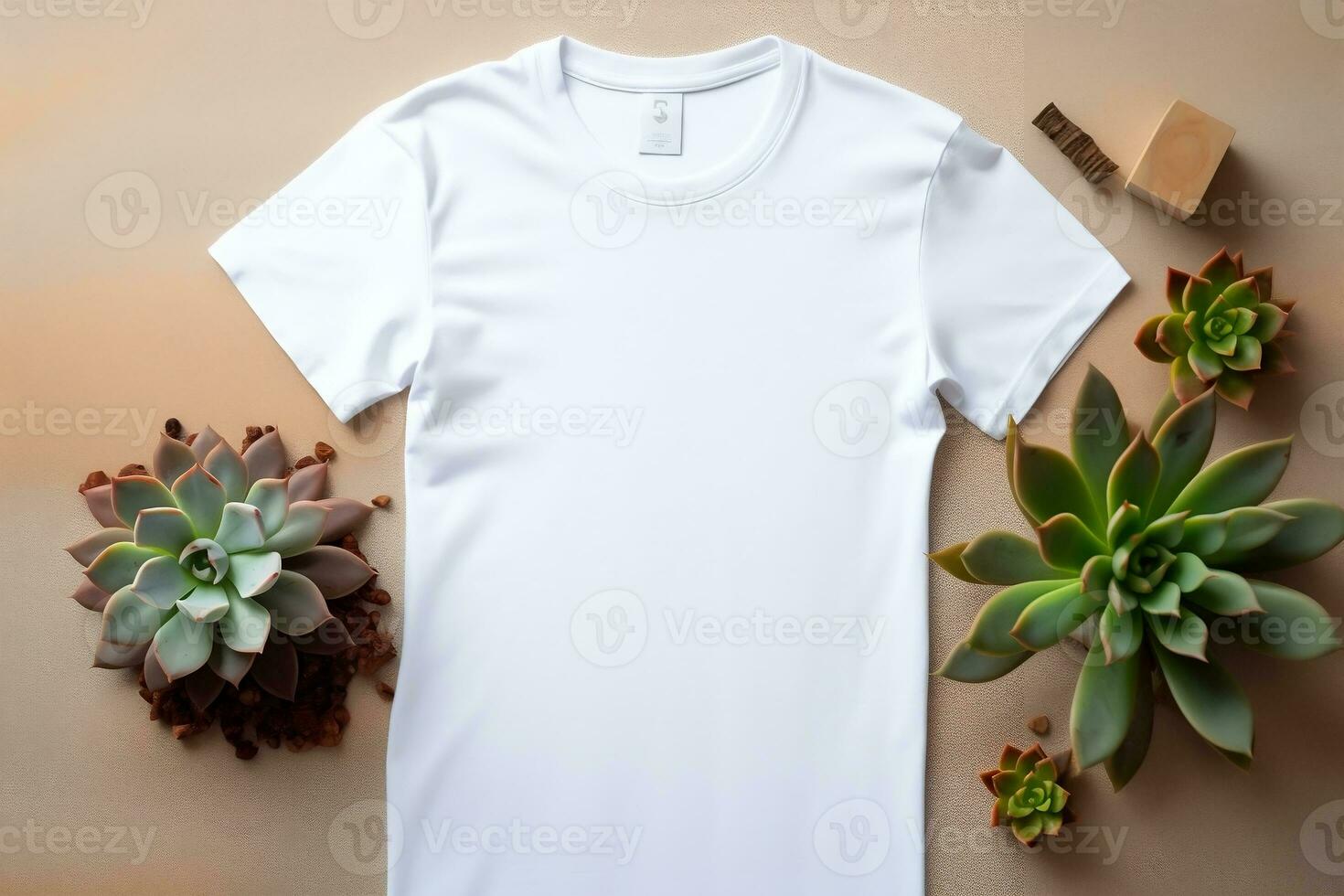 Succulents White T-Shirt Mockup Template Top View, Generative Ai photo